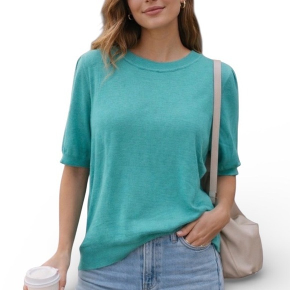 WIHOLL‎ Teal Green Short Puff Sleeve Knit Sweater Top Crew Neck XL NEW